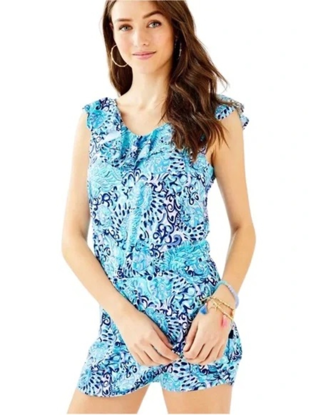 Lilly Pulitzer Alessa Romper XS Light Aqua Spritz Ruffle Neck Blue Coastal